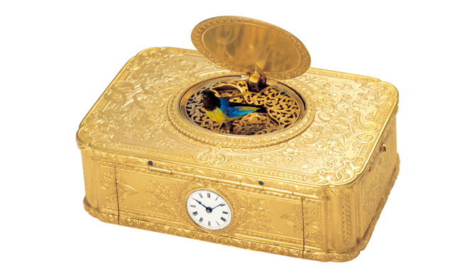Patek Philippe|小型時計がはめ込まれた小鳥がさえずるオルゴール