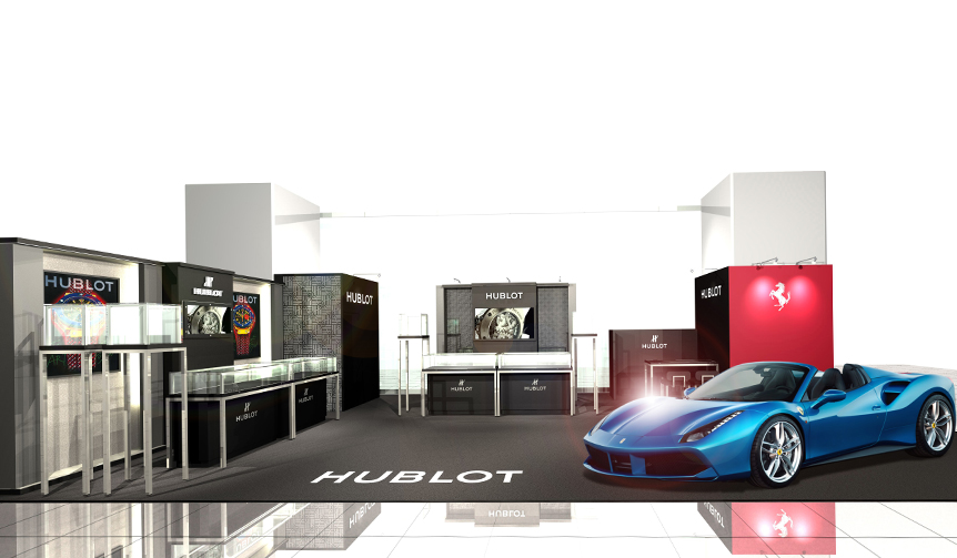 フェラーリが展示されるラグジュアリーなウブロのポップアップブティック｜HUBLOT