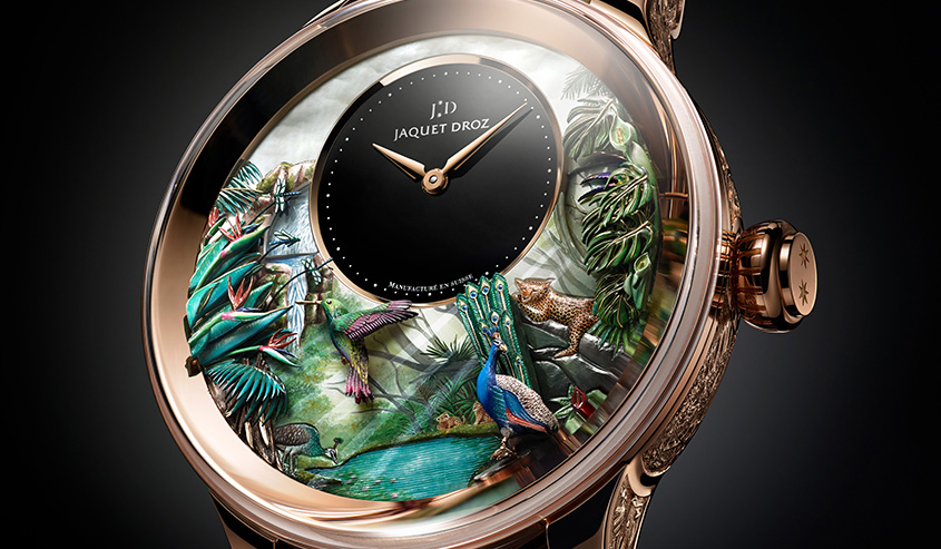 ハチドリは羽ばたき、孔雀が羽根を広げる。熱帯の営みをオートマタに写す｜JAQUET DROZ