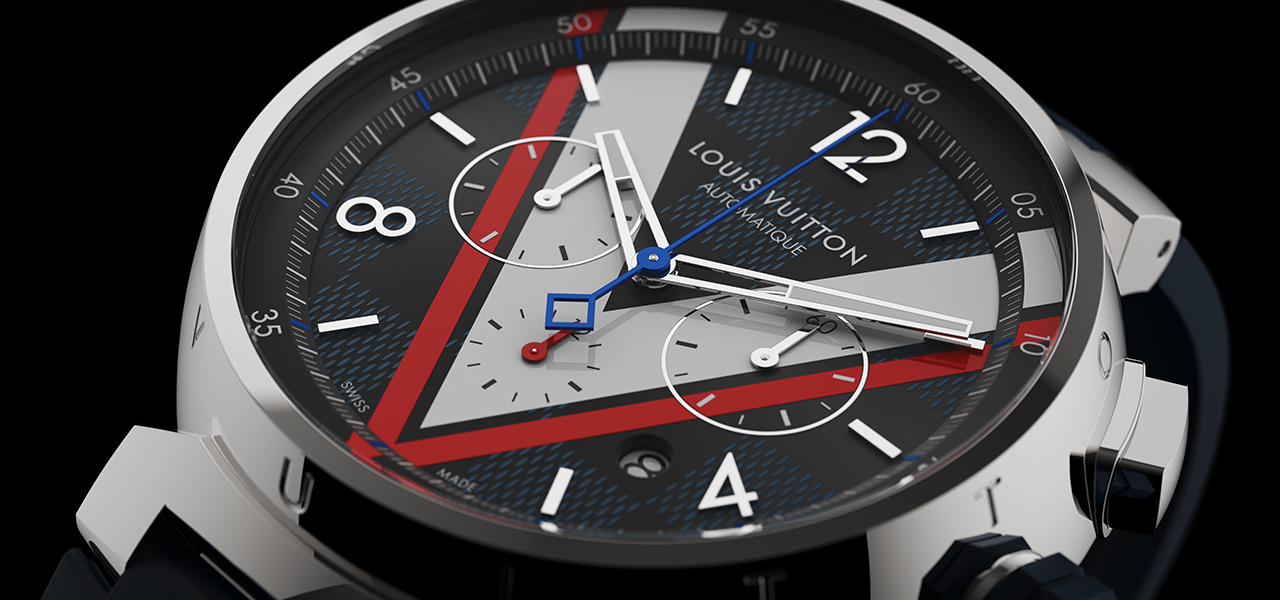 “V”のマークを大胆に！「タンブール クロノ V ダミエ･コバルト」｜LOUIS VUITTON