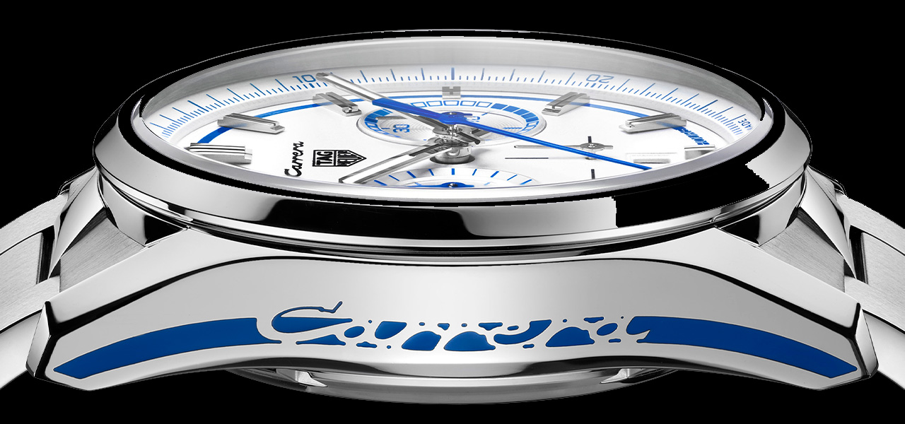 ケースサイドに“Carrera”ロゴ。車体全体をキャンバスにするスポーツカーのデザインコードを踏襲|TAG HEUER