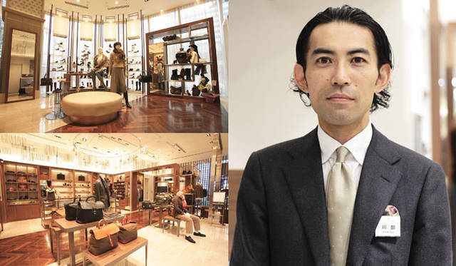 マロニエゲートの1階と地下1階は『ユナイテッドアローズ銀座店』で、東東京地区最大のスケールで誕生。写真左上は、1階の「ウィメンズのシューズ＆バッグ」コーナー。左下は、1階の「メンズのファッション雑貨」コーナー。それぞれ限定アイテムを展開している。右は、銀座店店長の川部高裕さん。　http://www.united-arrows.co.jp/