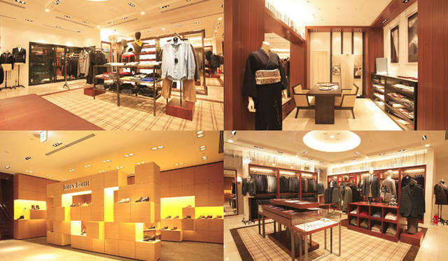 ユナイテッドアローズの地下1階を紹介。写真左上は、「メンズのデザイナーズ＆スポーツ」。左下は、本国より什器を取り寄せてつくられた「ジョン ロブ」コーナーで、そのアイテム数は見事の一言。右上は、品揃え充実の「和装」で、普段着からフォーマル、和装小物も揃う。右下は、「メンズのドレス」。地下1階にはウィメンズも豊富で、インポートアイテムなどがきらびやかに並ぶ。