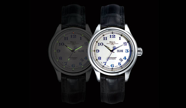 <strong>Ball Watch｜ボール・ウォッチ</strong>　トレインマスター クリーブランド エクスプレス。針とインデックスには、自発光型の夜光部材“マイクロガスライト”を15個装備。　