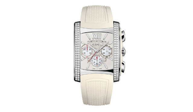 <b>EBEL｜エベル</b>　ブラジリア レディース クロノグラフ　　自動巻き　SSケース　ホワイトセラミックプッシュガード　ダイヤモンドベゼル　ラバーベルト　