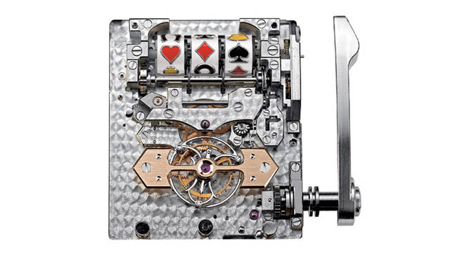 <strong>GIRARD-PERREGAUX｜ジラール・ペルゴ</strong>ヴィンテージ1945 ジャックポット・トゥールビヨンに搭載される「Cal.GPFAY08」。6時位置にトゥールビヨン、12時位置にスロットマシン（！)を搭載しており、ハンドルを引くことでリールが回転する。