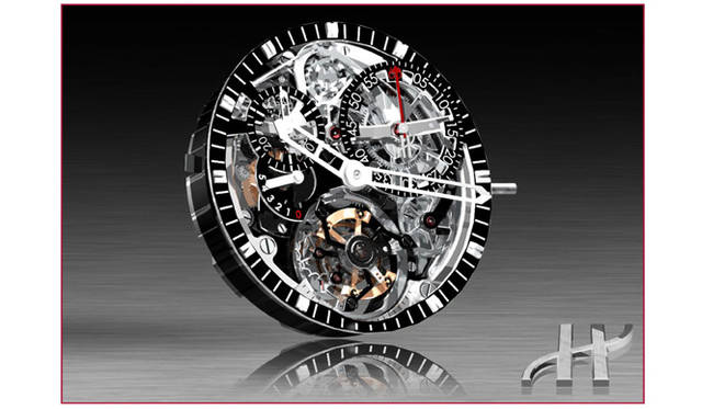 <strong>ウブロ｜HUBLOT</strong> 希代の技術集団「BNB」社によって設計された「Cal.HUB 1400CT」。７時位置にトゥールビヨン、2時位置に独立オフセットされた秒カウンター、10時位置に30分カウンターが搭載されている。9時位置にはツインバレルによる、5日間までのパワーリザーブ・インジケーターを配備。ここまで複雑性を極めながら、ウブロのアヴァンギャルドなブランドコンセプトに合わせて、きわめて個性的な外観を備える。なお、12時位置にはクロノグラフを象徴するコラムホイールを持ってきている。