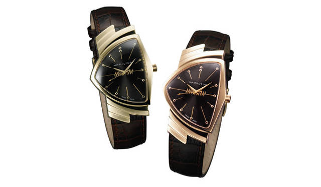 <strong>ハミルトン｜Hamilton</strong>　(左）ベンチュラ 50周年記念限定オリジナルモデル　　クオーツ　YGPVDケース　カーフベルト　　(右）ベンチュラ 50周年記念限定オリジナルモデル　　クオーツ　PGPVDケース　カーフベルト　