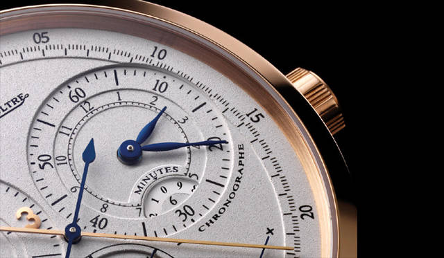  デュオメトル・クロノグラフ。2時位置のサブダイヤルでは、時と分の計測結果を同軸表示。時間を見るように、タイム経過を確認することができる。サブダイヤル内の6時位置では、分の下一桁の表示も行う。
