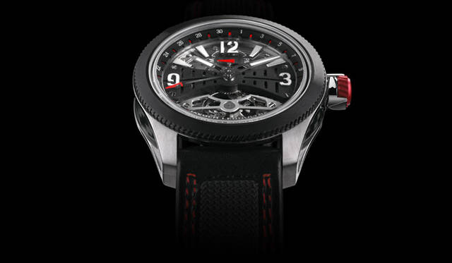  マスター・コンプレッサー・エクストリーム・ラボ。ムーブメントにハイテク素材を採用、完全メンテナンスフリーを実現した革命的なマスターピース。従来の丸型テンプでなく棒状のテンプを採用し、テンプの空気抵抗も抑制。スケルトンナイズされた文字盤から見られる二番受けが、その独自開発のテンプ形状を模している。