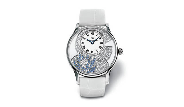 <b>JAQUET DROZ｜ジャケ ドロー</b>　フルール・ド・ロータス　　自動巻き　18KWGケース　クロコダイルベルト　ダイヤモンド(251粒） ブルーサファイア(77粒）