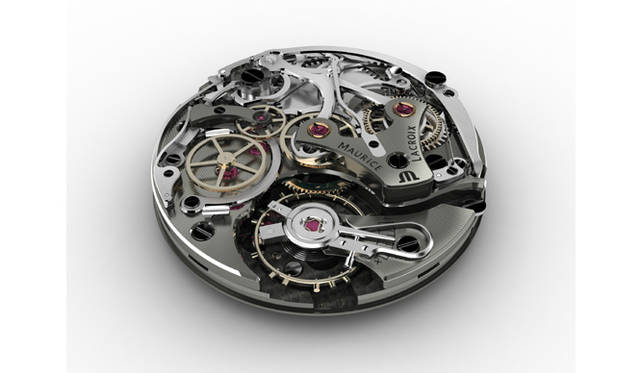 　「マスターピース・レ・クロノグラフ」に搭載されるラクロア自社開発の「Cal.ML106」。PVDコードが施されたアヴァンギャルドな出で立ちだが、アジャストスクリュー付きのテンプや、スワンネック緩急針、クロノグラフの制御システムに大振りなキャリングアームを搭載するなど、伝統的なメカニズムを採用している。ラクロア独自のリセット機構も特筆モノである。