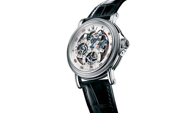 <strong>PaulPicot｜ポール ピコ｜フォトギャラリー　</strong> 時・分・秒を別軸で表示するレギュレーターモデルの文字盤をスケルトン化。ムーブメント地板にはブラウンPVDコートが施されている。「アトリエ 42 スケルトン オープン・フェイス」。　