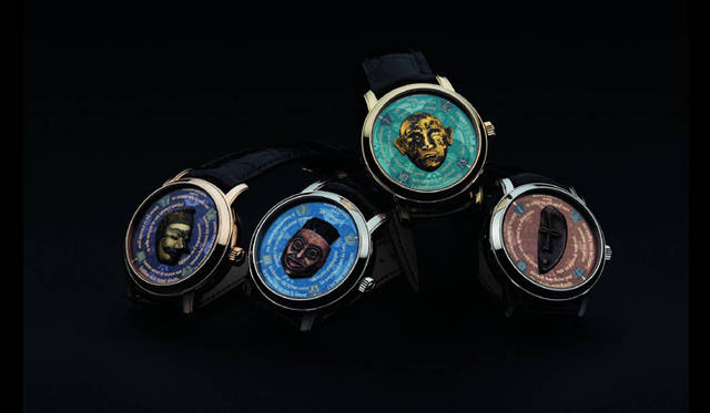  メティエ・ダール マスク。左から“インドネシア”、“アラスカ”、“チャイナ”、“コンゴ”　。左｜自動巻き　18KPGケース　ワニ皮ベルト　中左｜自動巻き　18KWGケース　ワニ皮ベルト　中右｜自動巻き　18KYGケース　ワニ皮ベルト　右｜自動巻き　プラチナケース　ワニ皮ベルト　※4本セット（限定25セット）