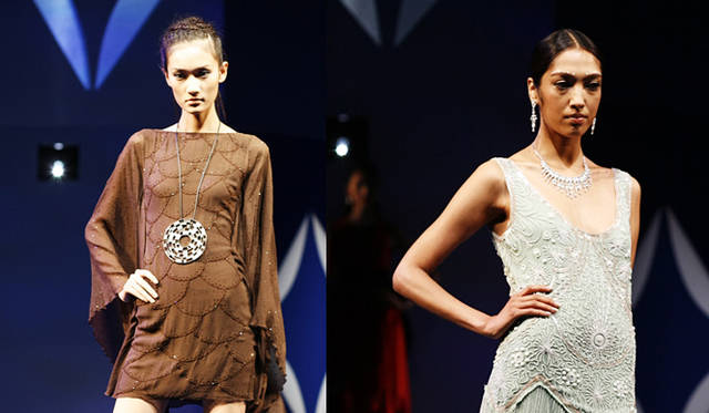 左・ネックピース（19.08カラット）、右・ネックレス（11.403カラット）、イヤリング（2.82カラット）