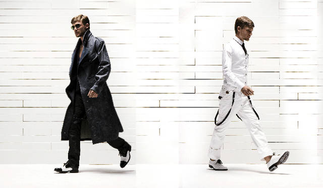 2008年春夏コレクションより　左/デニムコート 7万7700円 デニムパンツ 2万2050円　右/ベスト 1万8900円 シャツ 1万5750円 サスペンダー 1万3650円 ホワイトデニムパンツ 2万4150円