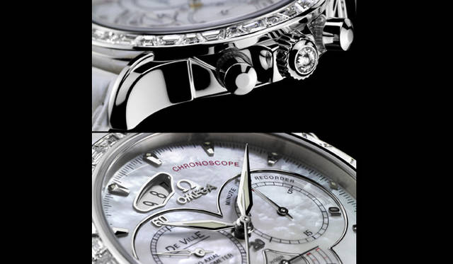  ベゼルやリューズの先端部分にダイヤモンドをセット。積算表示をレイアウトしたメカニカルなダイヤルには、マザーオブパールの文字板を使用して気品も漂わせる。9時位置には3日分の日付を表示するワイドデイトを配置。