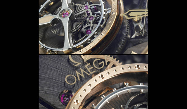  ムーブメント中央にキャリッジをレイアウトした「Cal.2635」を搭載。オメガの技術の象徴であるセンタートゥールビヨンモデルだが、2007年作は従来よりもコーアクシャル脱進機が見やすく配置されている。地板にはPVDコートが施され、スケルトン化された文字盤全面から機械構造が見渡せる。