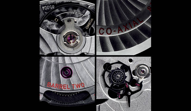 デ・ビル コーアクシャル アワービジョン（SS）に搭載される、Cal.8500のディテール。かつてのオメガの名機「30mmキャリバー」を彷彿させる直径10mmオーバーの巨大なテンプを採用。オメガ独自のコーアクシャル脱進機は、従来の2重ガンギ車の上に、さらにピニオンを追加した３重構造に進化している。また、香箱を２つ水平に並べたダブルバレルの採用で、約60時間のロングパワーリザーブと、さらなる高精度化が意図されている。