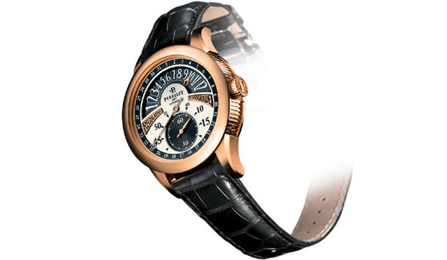 <strong>Perrelet｜ペルレ</strong> 時・分・秒針を、すべて別軸で表示するレギュレータースタイルに、針が往復運針して時を表示するレトログラード式アワー表示を世界で始めて同時搭載。文字盤のレイアウトもきわめて均整がとれたものに仕上がっている。「レギュレーター・アワーレトログラード」