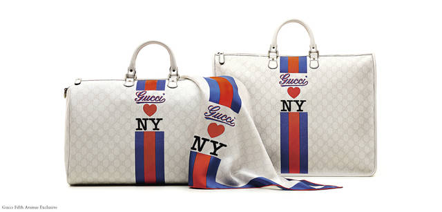 Joy Collection | from left, Duffle Bag, Silk Foulard and Briefcase These products are sold exclusively at Gucci Fifth Avenue store.