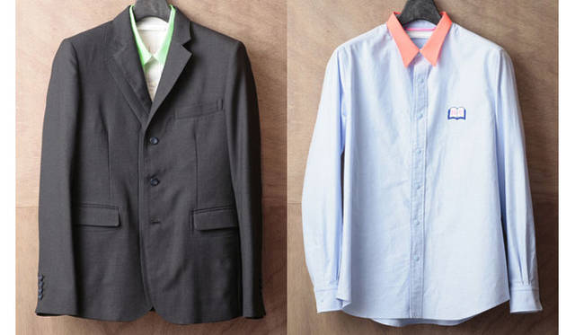 左・ハイライトとシャドウというテーマで、右前身がシャドウ（陰）のカタチで切り替えになっているジャケット。「SHADOW JACKET」5万4600円、左・スクールイメージのシャツ。「SPARKLE OXFORD」1万8900円