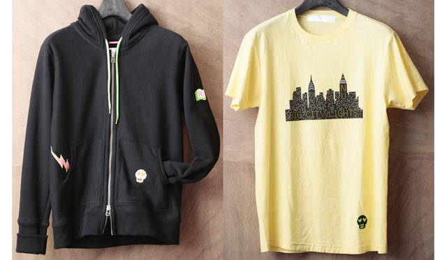左・MARKとはアイコンのこと。デザイン自体は定番の細身のフーデッドパーカで、刺しゅうと蛍光色でオリジナリティをアピール。「MARKED PARKA」1万9950円、右・「SILHOUETTE TEE」8190円
