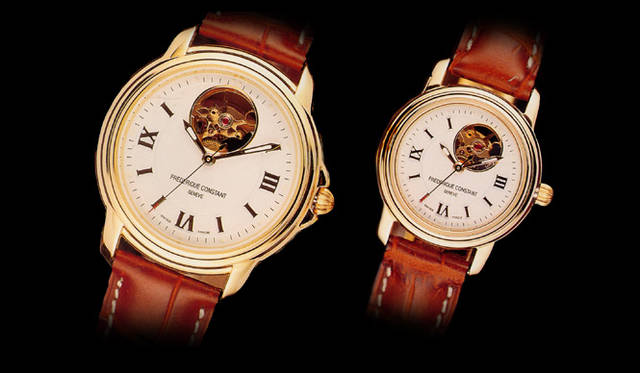   （左）ハートビート ヘビーローマン　自動巻き　18KYGＰケース　レザーベルト　メンズサイズ<br>（右）ハートビート ヘビーローマン　　自動巻き　18KYGＰケース　レザーベルト　レディスサイズ