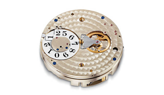 　「Cal.L034.1」の文字盤側の様子。写真右側に配された歯車により、31日間のパワーリザーブ・インジケーターを作動させる。