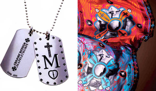 <b>CHROME HEARTS｜クロムハーツ</b>　クロムハーツ FOR メイプルソープ<br>左／<b>ドッグタグペンダント</b>　Silver Pave Diamonds 13万9650円（Silver 4万2000円）、右／<b>スカーフ</b>　Silk Chiffon（36