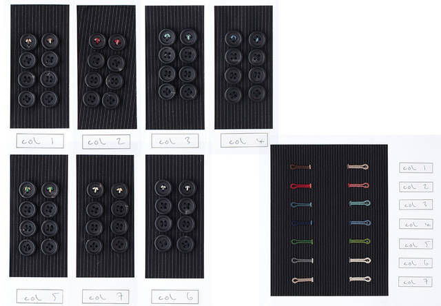 　オプションA：袖口のいちばん上のボタンホール、及びボタンの留糸を同色以外の７パターンから選ぶことができる。左右のカラーコンビネーションはポール・スミス コレクションらしい配色で、その配色が留糸と同色になる。