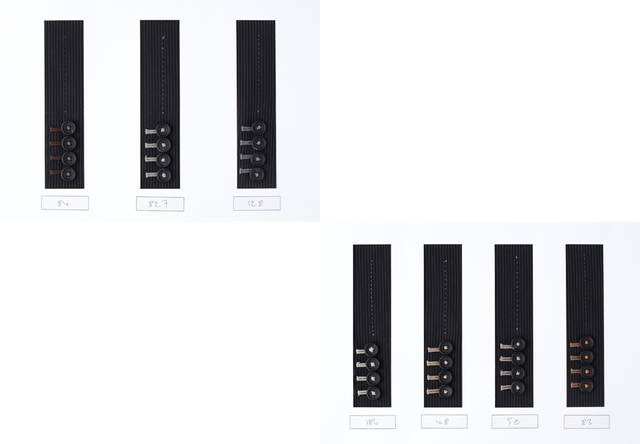 　オプションB：ボタンホール、ボタンの留糸、及びラペルなどに施されるステッチワークのカラーは、同色以外に、７色から選ぶことができる。