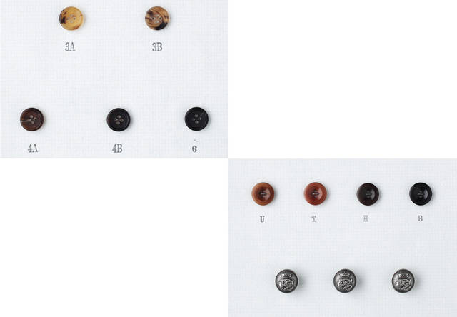 　左上から順に、ホーンボタンの5色、ナッツボタンの4色、そしてメタルボタン。メタルボタンを選択すればブレザー的な着こなしも。
