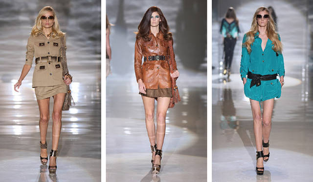 正統派サファリ・ジャケットのさまざまなバリエーションが美しいグッチ。右端のターコイズブルーも有力なトレンドのひとつ。