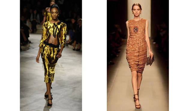 わざと古びさせたようなメタリックの表現も多く見られた。赤みの強いゴールドのプラダ（左）やコッパーのボッテガ・ヴェネタ（右）。