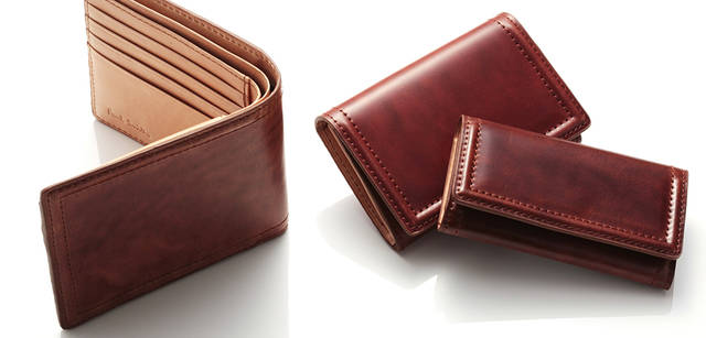 <strong>PAUL SUMITH｜ポールスミス</strong>　水染めのニュー・コードバンシリーズ。2つ折り財布 3万1500円、名刺入れ 2万1000円、キーケース 1万8900円。