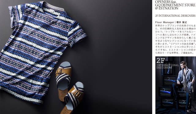 DRIES VAN NOTEN Tシャツはニット素材をプリントした遊び心あるトロンプルイユ（騙し絵）的なデザインが新鮮。キャンバスとパテントレザーを組み合わせたサンダルは、カジュアルに偏りすぎない品が魅力。Tシャツ 3万9900円、サンダル 4万5150円／ともにドリス ヴァン ノッテン