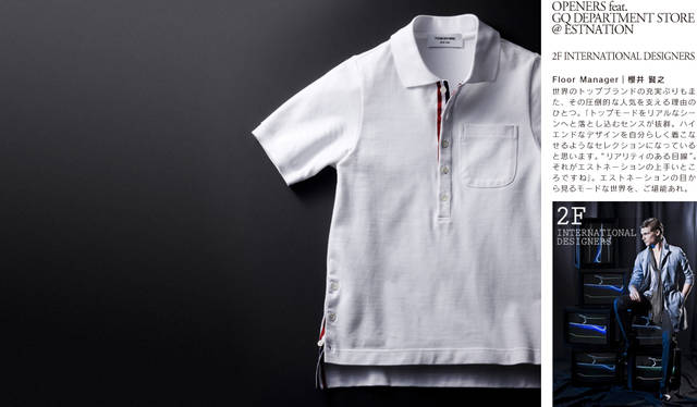 THOM BROWNE ベーシックなデザインながら、コンパクトに洗練されたシルエットで実にモダンな印象に。前たて裏やスリット裏にはトリコカラーのグログランテープがあしらわれ、定番の着こなしに一歩踏み込んだ個性を演出してくれる。ポロシャツ 8万1900円／トム ブラウン