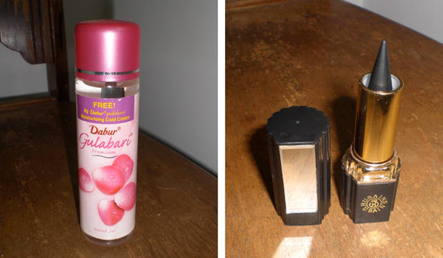 左｜薔薇水（ローズウオーター）「Dabur – Gulabri」／右｜インドのアーユルヴェーダのカジョール（アイライナー）「Shahnaz Ayurvedics」