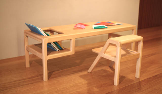 「ベイビーインテーブル」は1～2歳までは赤ちゃん用テーブル、少し大きくなったらお絵描き机、その後はママの文机やセンターテーブルとして使える