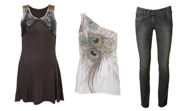 「KATE MOSS TOPSHOP（ケイト・モス トップショップ）HIGH SUMMER 2009」 左から、SEQUIN WAISTCOAT DRESS 2万5200円、PEACOCK ONE SHOULDER TOP 8400円、GREY EYELET SKINNY JEANS 1万6800円