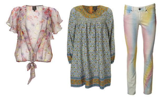 「KATE MOSS TOPSHOP（ケイト・モス トップショップ）HIGH SUMMER 2009」 左から、TIE ROSE BLOUSE 1万3650円、KATE HIPPY DRESS 2万2050円、RAINBOW SKINNY JEANS 1万5750円