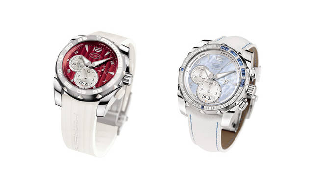 Parmigiani　Fleurier｜パルミジャーニ･フルリエ パーシング クロノグラフ「zero-zero-two」　左｜ステンレススティール モデル(アマランス／ラバー モデル)242万5500円、右｜フェミニン モデル(ベゼルにダイヤモンド＆サファイア モデル)1071万円