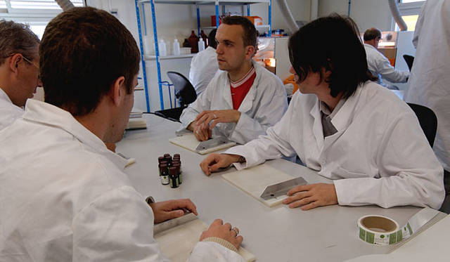 それぞれの手元にある道具は、ラベルをまっすぐに貼るためのもの