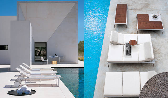 左／<b>1966 COLLECTION</b> designed by Richard Schultz（1966）<br><b>SWELL SEATING COLLECTION</b> designed by Richard Schultz（2007）<br>1966年の発表以来、OUTDOORファニチャーとして究極のエレガンスと際立った端正な姿が人気を博してきた「1966 Collection」。2007年には、2人掛けのアームチェアとミニバーとして使えるトローリーテーブルが加わり、さらにはカラーバリエーションやアームレス仕様を追加した“Swell Seating Collection”を発表し、屋外での時間を自分らしく楽しめるラインナップに発展している。ミニマルなデザインと細部にわたる洗練された仕上げは、「永遠のクラシック」としてこれからも世界中で広く愛されつづけるコレクション<br><br>右／<b>SPRINGTIME</b> designed　by　Jean-Marie　Massaud（2008）<br>屋外でもここちよい私的空間を実現するシリーズ。シリーズの中心をなすソファは奥行きの深い座面とポリエステル製テントで覆われたオプションの天蓋で、プライベートな「隠れ家」を思わせる親密であたたかみのある空間を演出している。ソファのほかに、背もたれ部分の角度調節が可能なシェーズロングやマホガニーを使ったテーブルがあり、屋外でゆったりとした贅沢な空間を楽しむことができる
