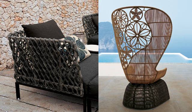 左／<b>RAVEL</b> designed by Patricia Urquiola（2008）<br>金網からデザインのヒントを得た、バックレストの立体的な編み込みが美しい「Ravel」。屋外用ソファには珍しい、さまざまな組み合わせを楽しめるモジュラーソファであることも魅力のひとつ<br><br>右／<b>CRINOLINE</b> designed by Patricia Urquiola（2008）<br>ペチコートを意味する“Crinoline”と名づけられたチェアシリーズ。熟練した職人の手技が光る、立体的な構造のデザインが特徴的。フラワーのモチーフが印象的な大振りなチェアのほか、小さなチェアも多数ラインナップされている