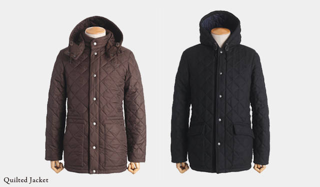 左から：<br> 3万1500円　ブラウン（ジャーナル スタンダード 新宿店）　Material /ナイロン（キルティング）　Color /カーキ、ネイビー、ブラック、イエロー、プラム<br><b>NORWICH｜ノーウィック</b> 4万2000円　ブラック/ネイビー（シップス 銀座店）　Material /ウールツイード（キルティング）　Color /ブラック/ブラック、ダークグレー/ダークグレー、ライトグレー/ブラウン、ネイビー/ネイビー、ブラウン/オレンジ、ネイビー/ブラックウォッチ