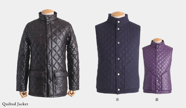左から：<br> 2万3100円　ブラック（エディフィス 渋谷）　Material /シャイニーポリエステル(キルティング)　Color /ダークブラウン、ダークネイビー<br><b>WORKSOP REVERSIBLE｜ワークソップ リバーシブル</b> 3万1500円　ネイビー/パープル（シップス 銀座店）　Material /表側＝ウールツイード(キルティング)　裏側＝シャイニーポリエステル(キルティング)　Color /ブラック/ネイビー