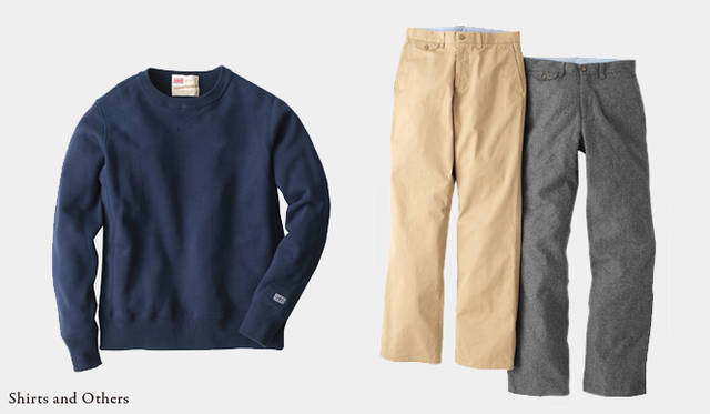 左から：<br> 1万1550円　ネイビー（エリオポール銀座）　Material /コットン　Color /グレーベージュ、グレー<br><b>TROUSERS/W｜トラウザー ワイド</b> 左＝1万4700円　ベージュ（ジャーナル スタンダード 新宿店）　Material /コットン　Color /ライトベージュ、カーキ、ネイビー、右＝1万7850円　ミディアムグレー（ジャーナル スタンダード 新宿店）　Material /ウール　Color /ネイビー、チャコールグレー