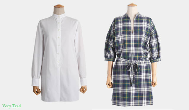 左から：<br><b>STANDING COLLAR SHIRT｜スタンディングカラーシャツ</b> 1万2600円　ホワイト（ドレステリア 神南本店）　Material /コットン　Color /ホワイト<br><b>TARTAN TUNIC｜タータンチュニック</b> 1万9950円　ドレスゴードン（ビームス新丸の内）　Material /コットン　Color /イエローマドラス